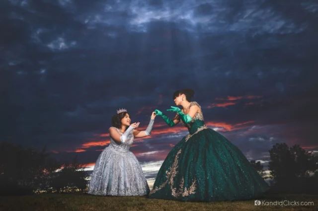 Quinceañera sisters at sunset